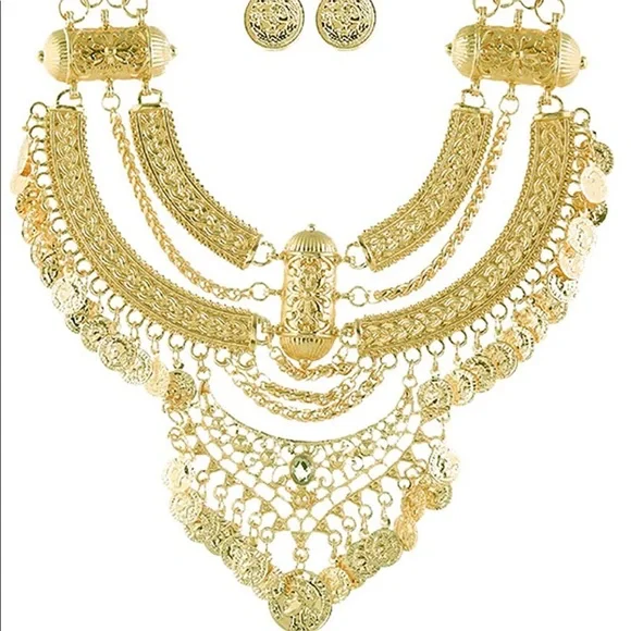 [GOLD] Exotic NEW Statement Bib Cleopatra Coin Necklace+Earring Set - Picture 6 of 8